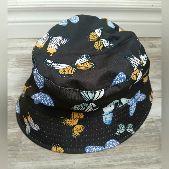 Black Butterfly Print Women's Bucket Hat Cotton One Size - Picture 7 of 10